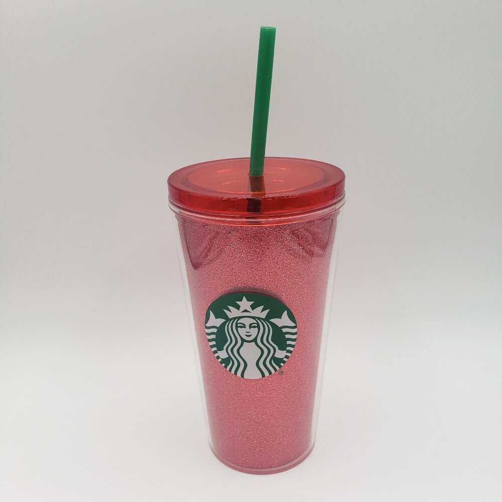Starbucks Holiday Red Glitter 16 oz. Cold Cup Travel Tumbler With Straw EUC - Picture 1 of 5